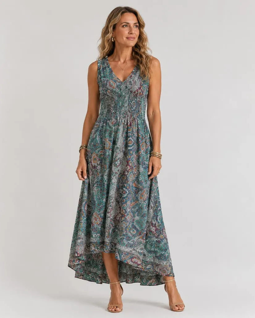 CLARA | VESTIDO MAXI PAISLEY DE CINTURA ELÁSTICA