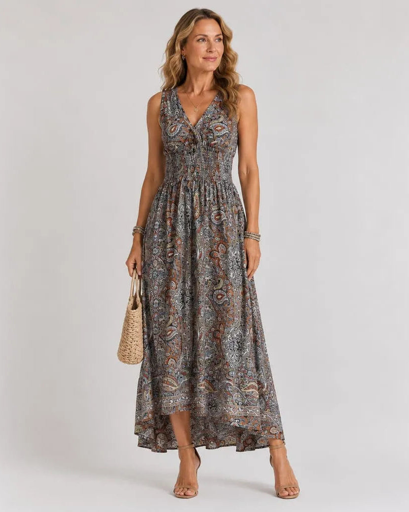 CLARA | VESTIDO MAXI PAISLEY DE CINTURA ELÁSTICA